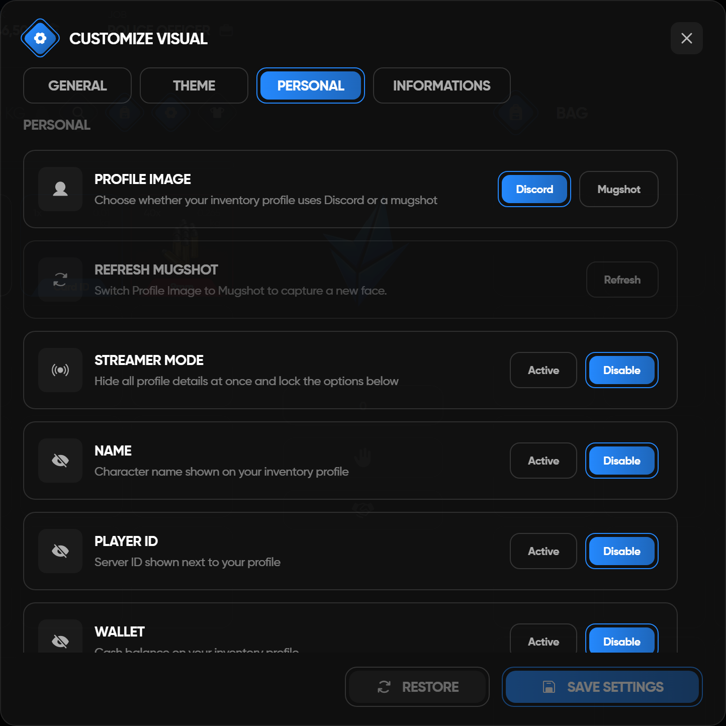 Personal settings